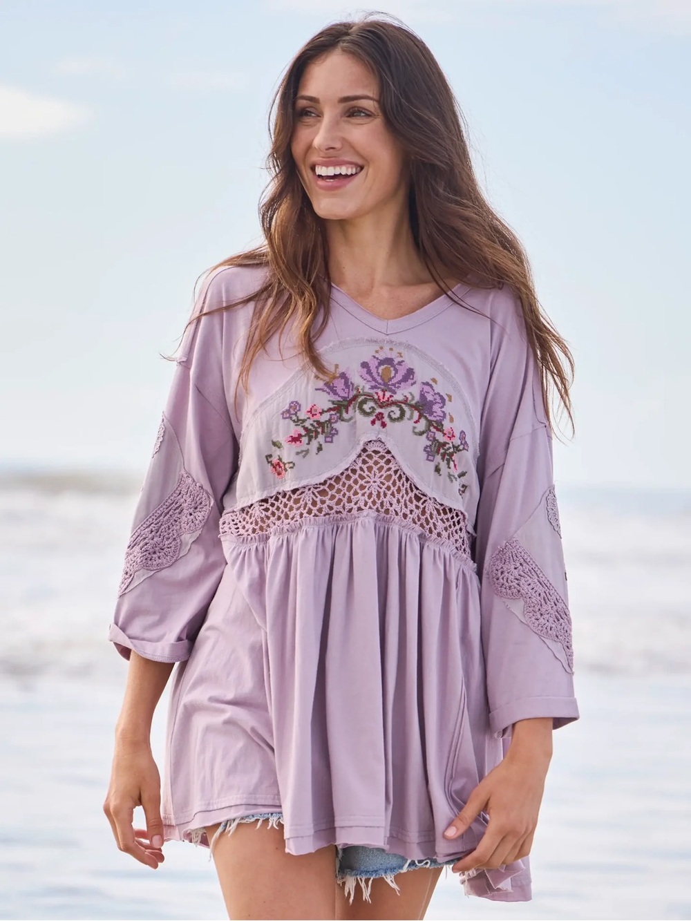 Natural Life Secret Garden Embroidered Cotton Tunic - Lavender - XS/S NWT